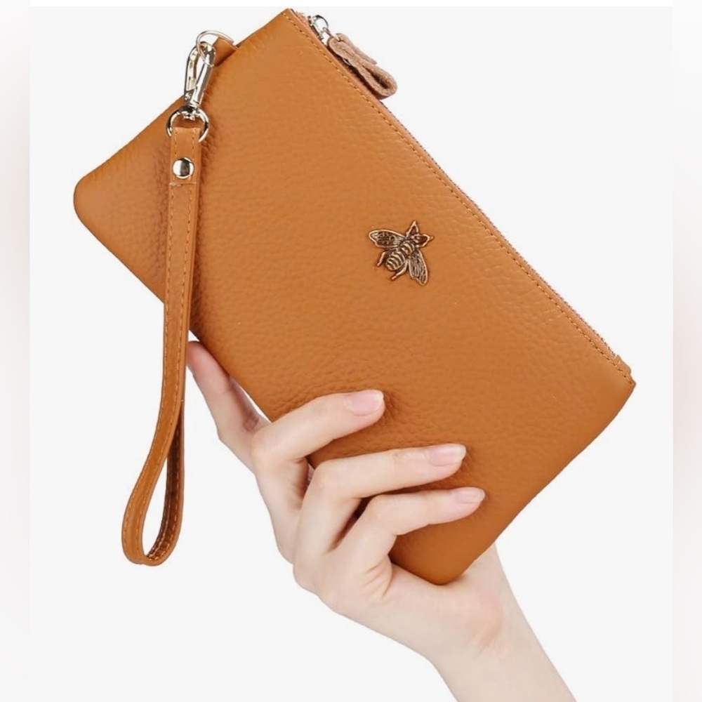 Women's Tan Wristlet Clutch with Bee Accent
